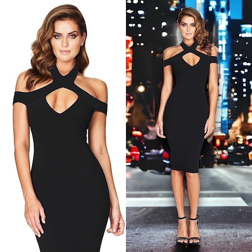 NWT NOOKIE 90s Sleeveless Keyhole Cutout Halter Neck Scuba Bodycon Midi Dress XS